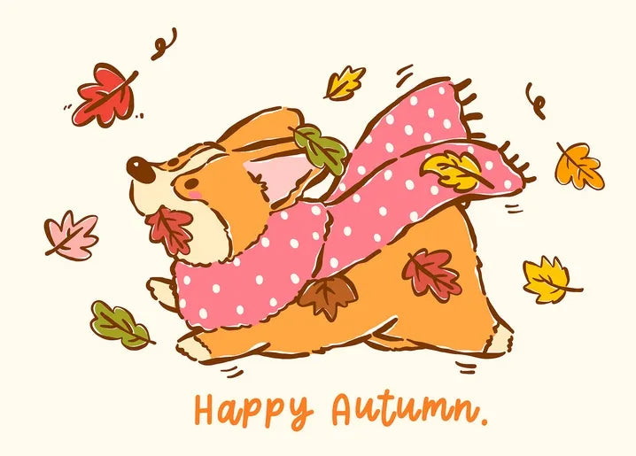 Happy Autumn dog postcard with a playful dog wearing a pink scarf among colorful fall leaves