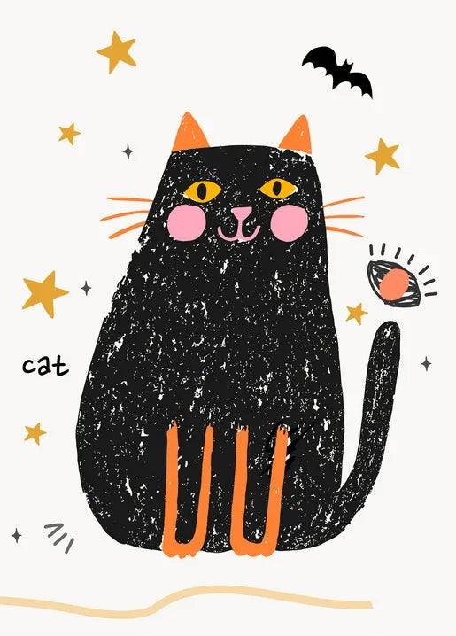 Cute black cat autumn postcard with golden eyes, stars and a tiny bat