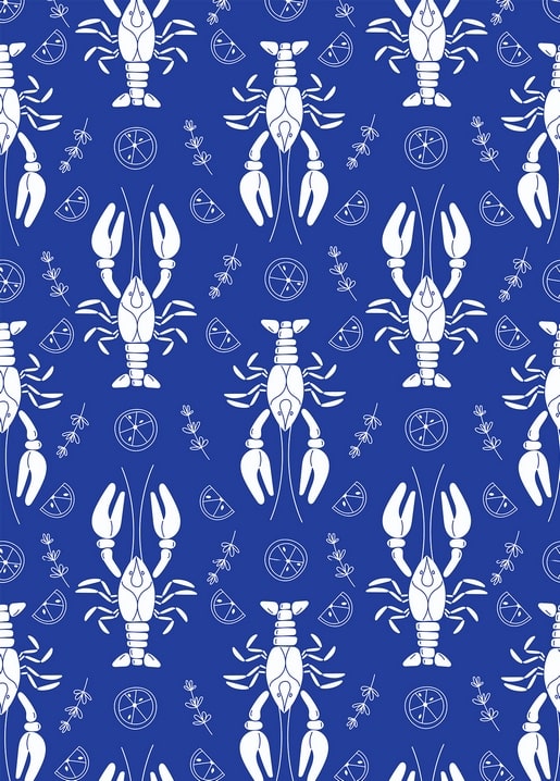 Seamless pattern of white crayfish and lemon slices on a deep blue background