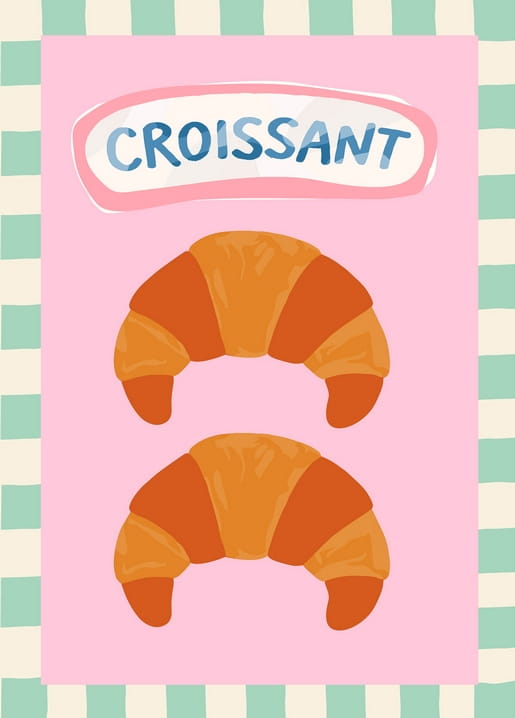 Листівка-плакат зі словом CROISSANT і двома рум'яними круасанами на рожевому тлі