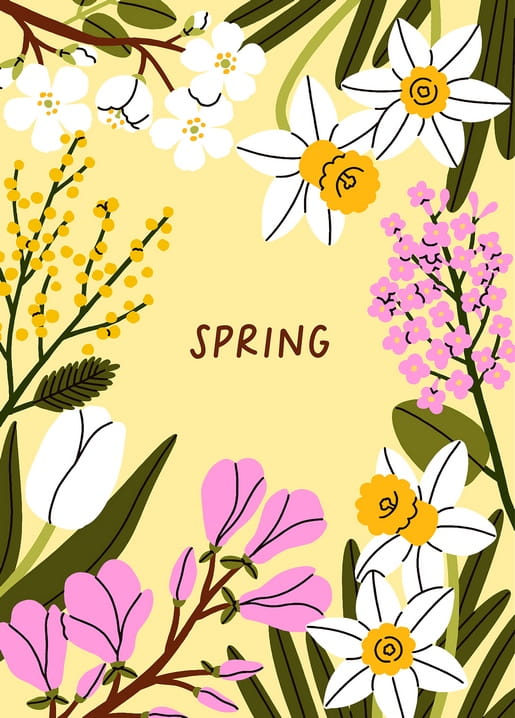 Вінок з нарцисів, мімози й тюльпана навколо напису «Spring»