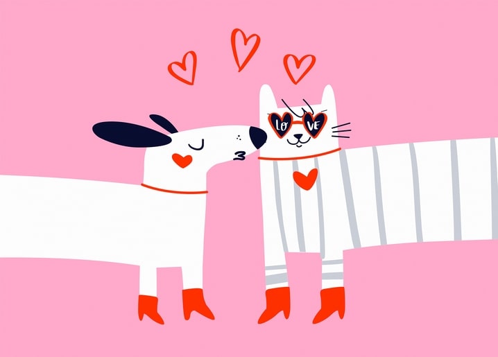 Weißer Hund und gestreifte Katze mit herzförmiger „LOVE“-Sonnenbrille, umgeben von roten Herzen auf Rosa.