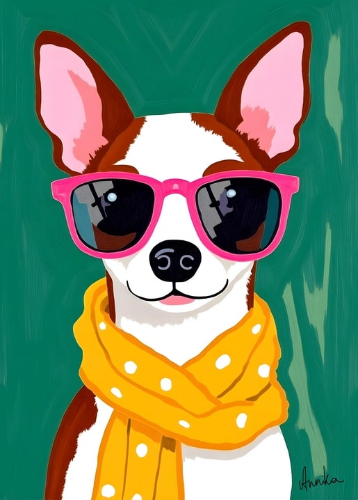 Illustration of a dog wearing pink sunglasses and a yellow polka-dot scarf