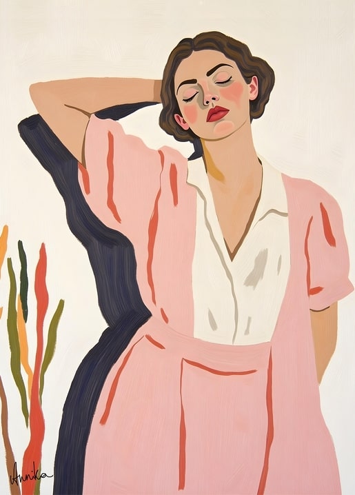 Illustrated postcard of a woman in a pink dress resting her head on her hand beside a coral branch