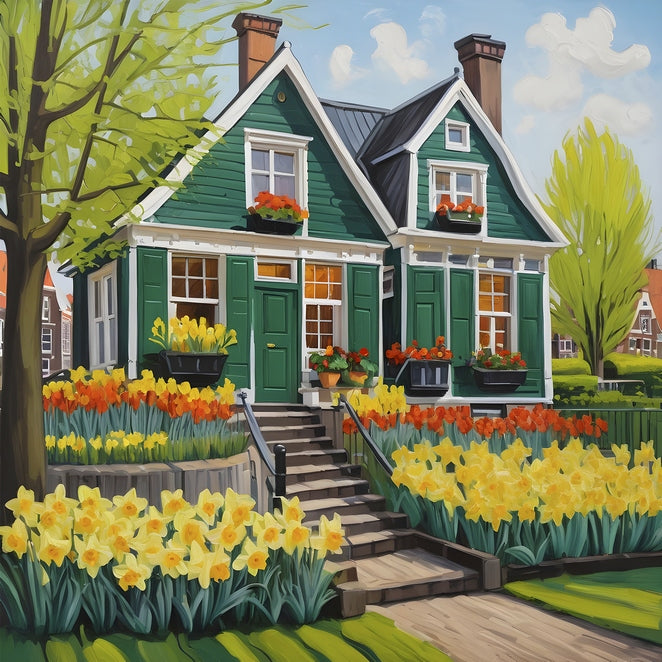 Green Dutch house with orange tulips and yellow daffodils along stone steps
