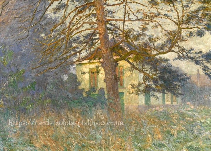 Gemälde von Emile Claus: blassgelbes Haus halb verborgen hinter knorrigem Baum im herbstlichen Dunst