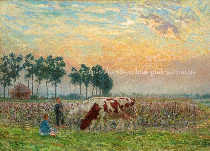 Gemälde von Emile Claus mit einem Jungen, der eine rot-weiße Kuh im Abendrot führt