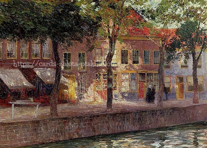 Gemälde von Emile Claus mit flämischen Häusern an einem Kanal unter Platanen