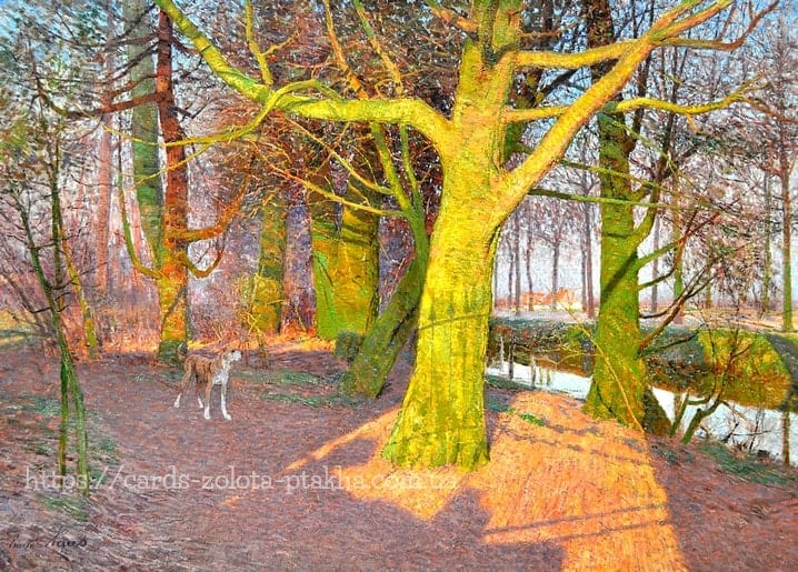 Gemälde von Emile Claus: gefleckter Hund neben moosbewachsenen Baumstämmen im Winterlicht