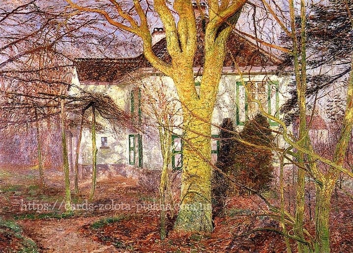 Gemälde von Emile Claus: weißes Gehöft durch kahle, rosafarbene Herbstbäume