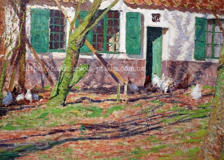 Gemälde von Emile Claus mit weißem Bauernhaus, grünen Fensterläden und Hühnern im Hof