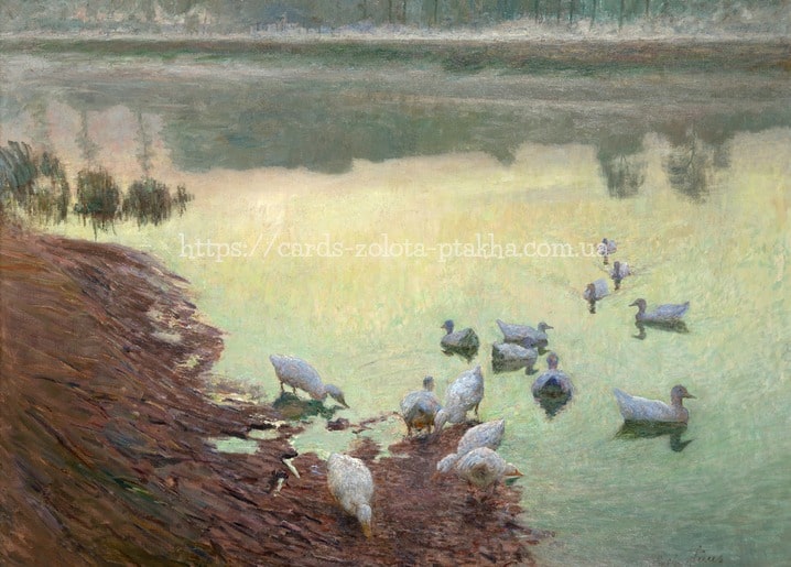 Gemälde von Emile Claus: weiße Gänse am nebligen Flussufer im Morgenlicht