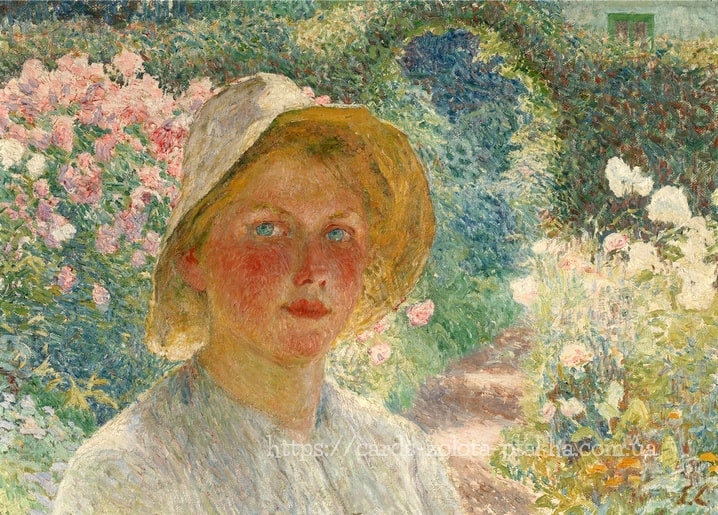 Emile Claus painting of a young woman in a straw bonnet gazing out from a blooming rose garden