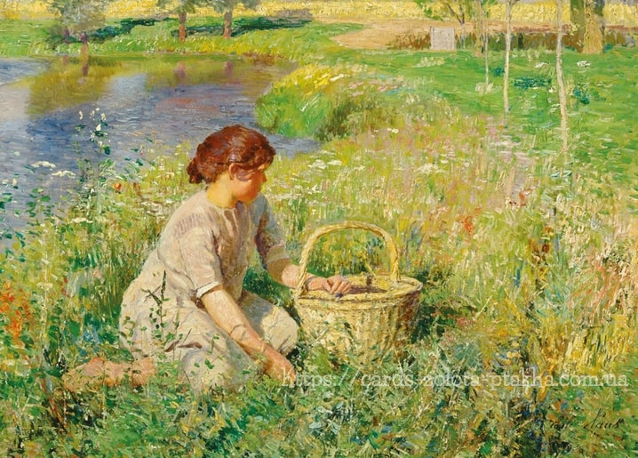 Gemälde von Emile Claus mit kniendem Mädchen mit Weidenkorb neben einem Bach auf der Wiese