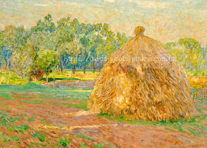 Gemälde von Emile Claus: goldener Heuschober im Obstgarten vor gepflügtem Feld