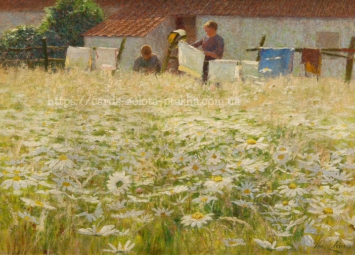 Gemälde von Emile Claus: drei Personen hängen Wäsche in einer Margeritenwiese vor einem flämischen Cottage auf