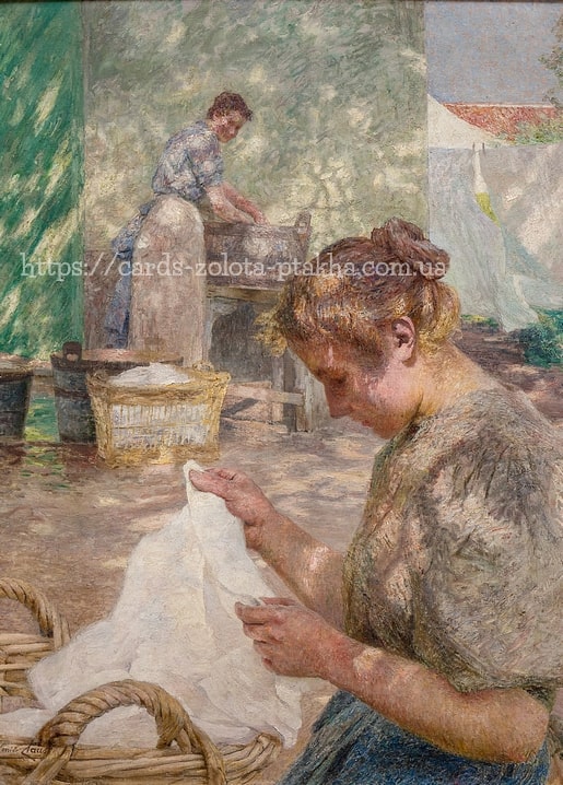Zwei Frauen beim Wäschewaschen im Freien, Gemälde von Emile Claus