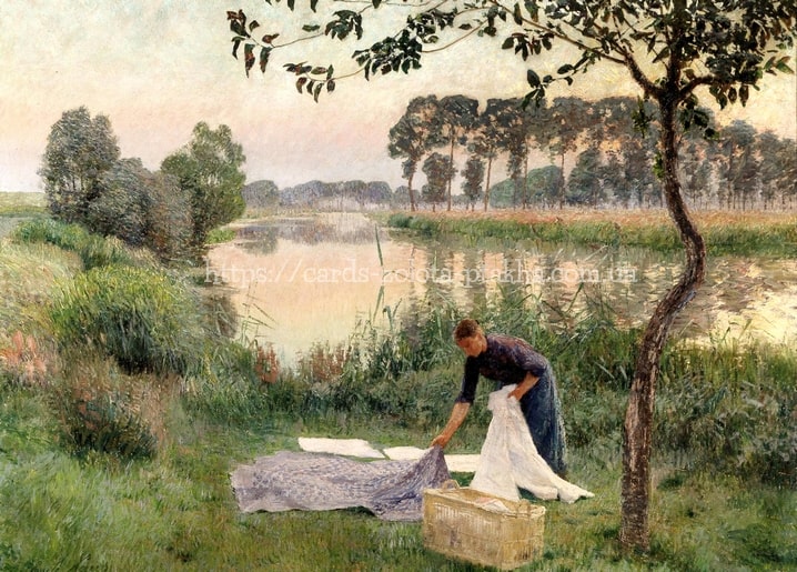 Gemälde von Emile Claus: Frau faltet Leinen am Ufer der Leie in der Abenddämmerung zwischen Pappeln
