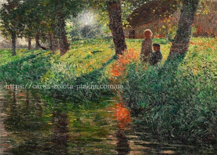 Gemälde von Emile Claus: Mutter mit Kind bei roten Mohnblumen an einem schattigen Bach
