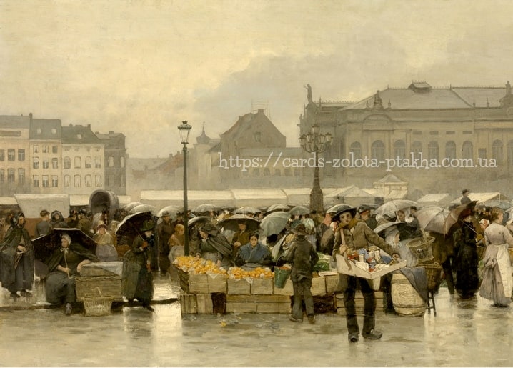 Regnerischer flämischer Marktplatz mit Ständen unter Schirmen und kolonnadengeschmücktem Rathaus, gemalt von Emile Claus.