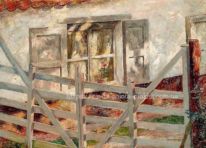 Gemälde von Emile Claus mit roter Blume im Terrakottatopf auf der Fensterbank mit verwittertem Zaun