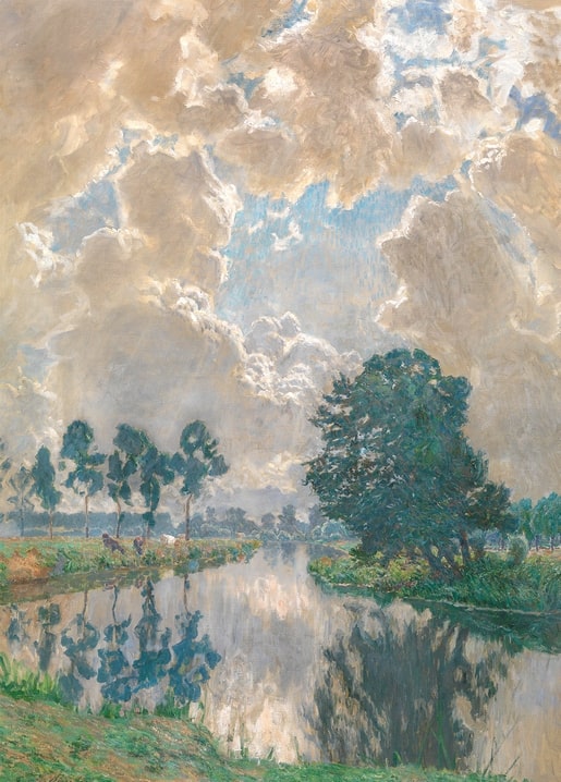 Mächtige Sommerwolken spiegeln sich in einem ruhigen, von Pappeln gesäumten Fluss, Gemälde von Emile Claus
