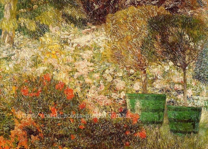 Gemälde von Emile Claus: Mohn und Rosen in fast abstrakten Farben neben grünen Pflanzkübeln