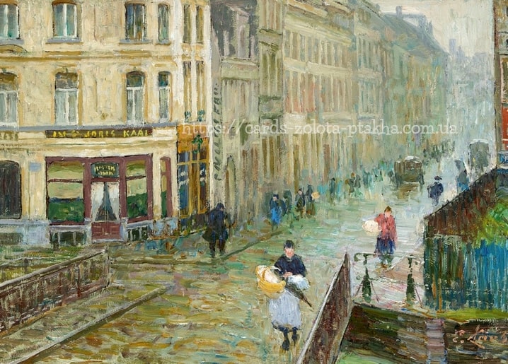 Gemälde von Emile Claus mit regnerischer Sint-Joriskaai-Straßenszene in Antwerpen