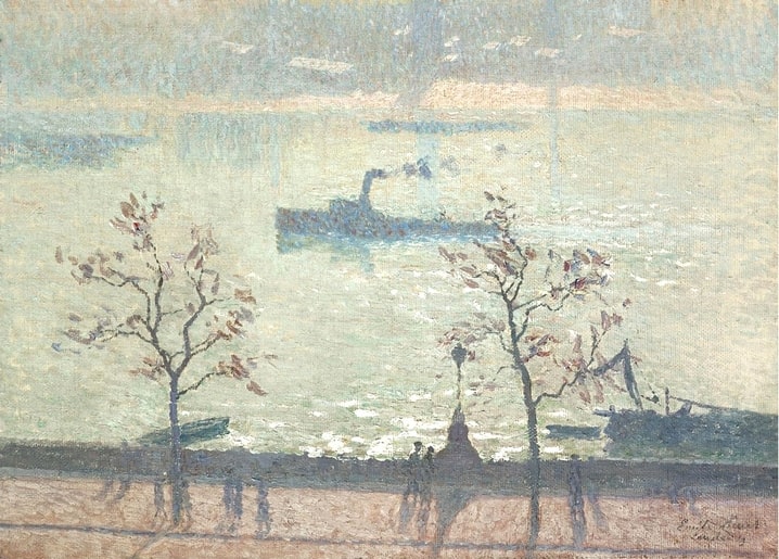 Dampfschiff auf silbernem Fluss in der Dämmerung, kahle Bäume und Silhouetten am Ufer, gemalt von Emile Claus.