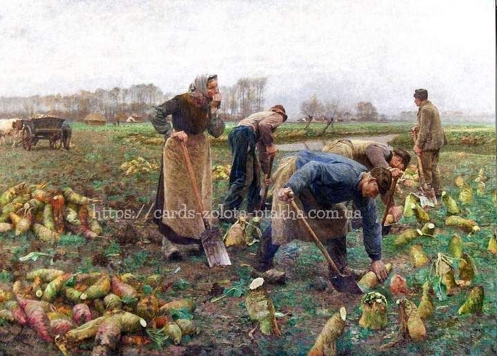 Gemälde von Emile Claus mit Feldarbeitern bei der Zuckerrübenernte auf grauem flämischem Feld