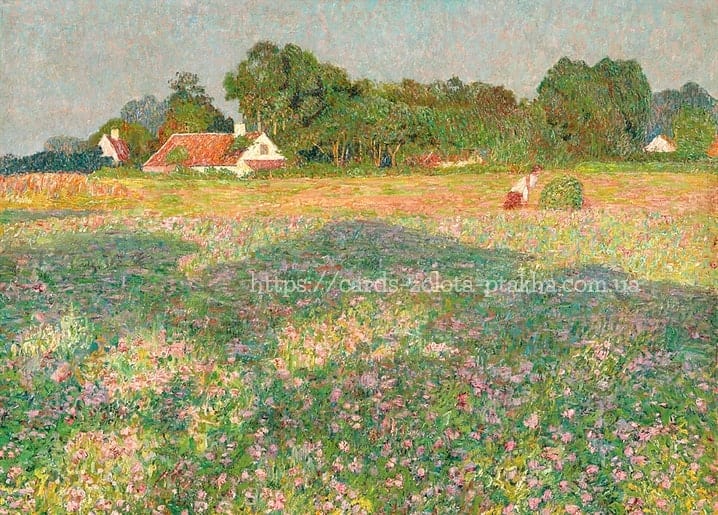 Gemälde von Emile Claus: rosa-weiße Wildblumenwiese vor rotgedeckten Gehöften