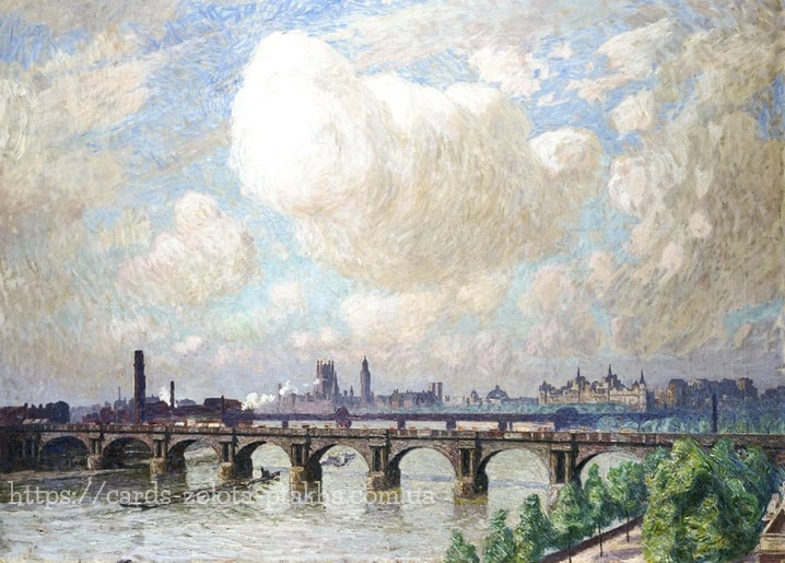 Gemälde von Emile Claus mit Blick auf die Themse an der Waterloo-Brücke und die Silhouette von Big Ben