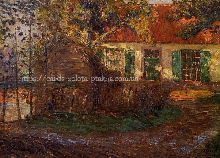 Gemälde von Emile Claus mit Strohschober vor flämischem Bauernhof mit rotem Dach im Herbst