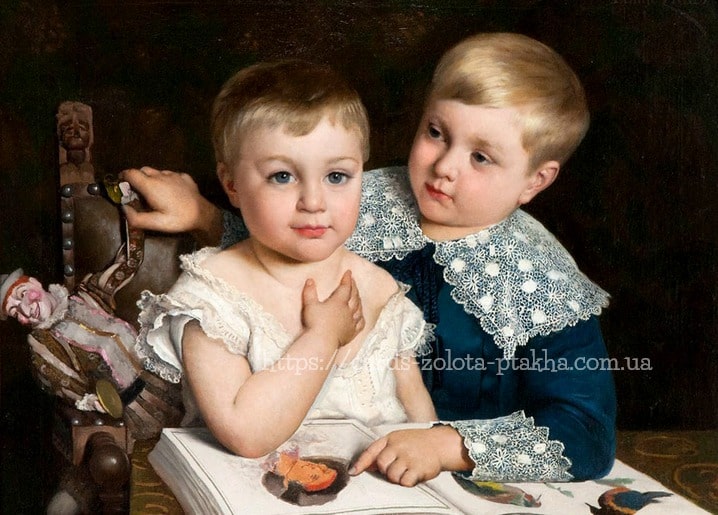 Porträtgemälde von Emile Claus: zwei Kinder mit Spitzenkragen neben einem offenen Bilderbuch