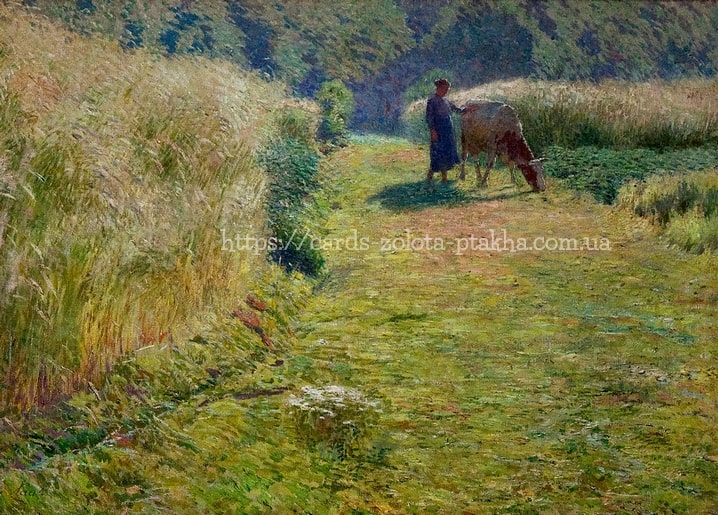 Gemälde von Emile Claus: Frau mit braun-weißer Kuh auf Pfad neben reifendem Weizen