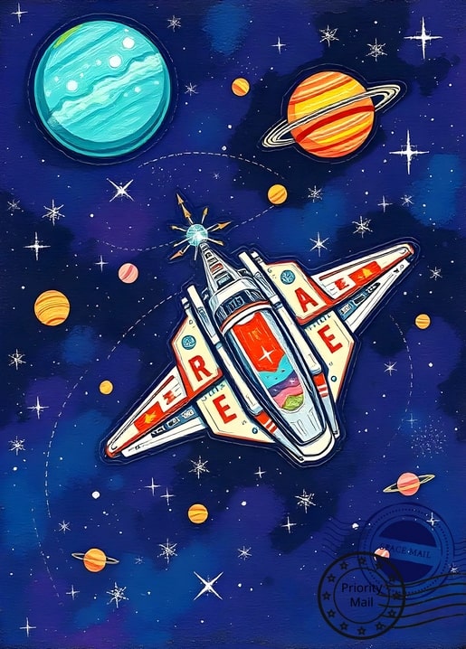 Illustriertes geflügeltes Raumschiff in Briefumschlag-Form zwischen Planeten und Sternen