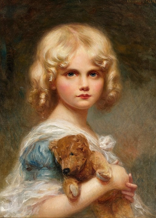 Edouard Cabane painting of a blonde girl named Eva holding a teddy bear