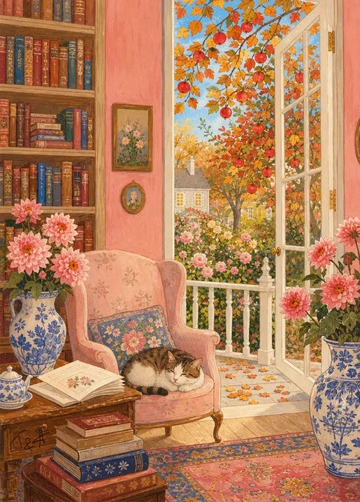 Autumn Library and Cozy Cat by Art Postcard by T&A
