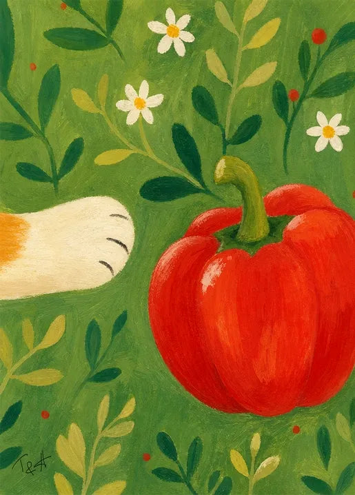 Curious Cat & Red Pepper - Art Postcard by T&A