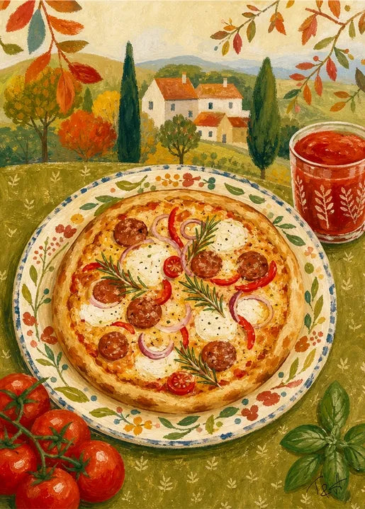 Autumn Pizza in Tuscany - Art Postcard by T&A