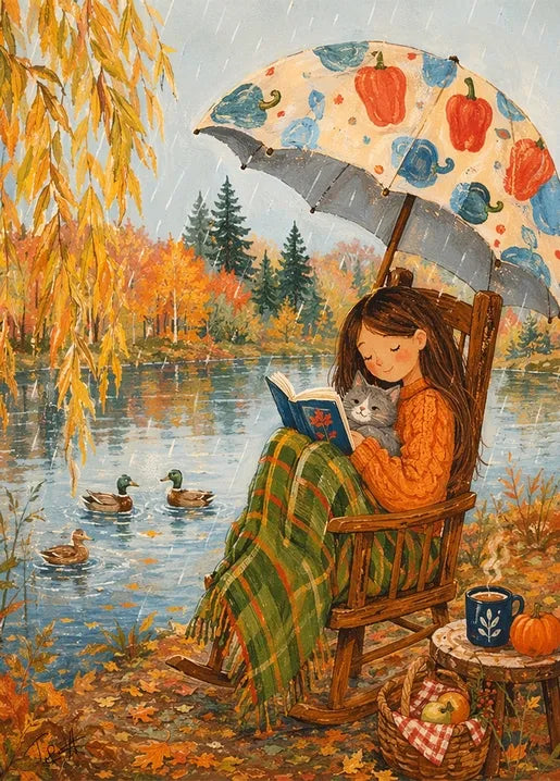 Rainy Autumn Reading with a Cat - Art Postcard by T&A