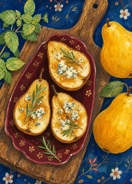 Baked Pears with Blue Cheese - Art Postcard by T&A