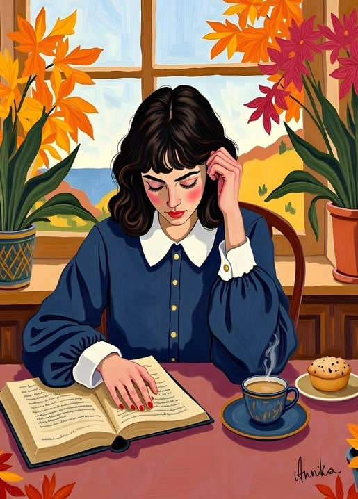 Illustrierte Frau liest ein Buch am Fenster mit Herbstpflanzen, Tee und Muffin