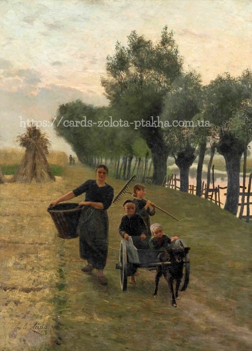 Gemälde von Emile Claus: Mutter mit Kindern auf Landweg, Kind im Hundekarren.