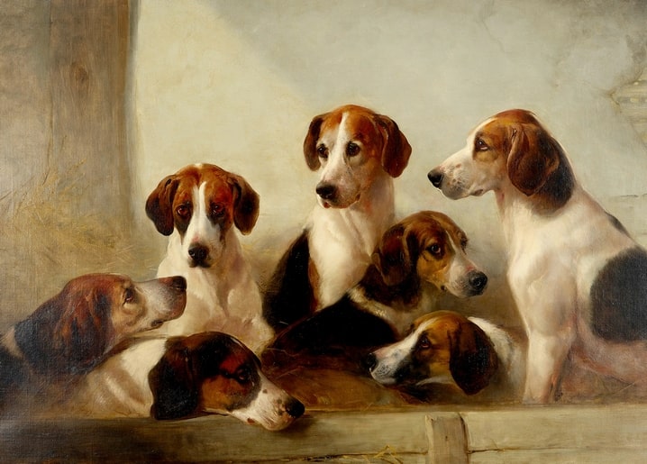 Seven foxhound puppies painted by Edward Robert Smythe, warm sepia tones