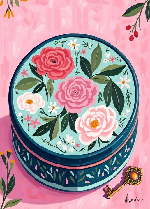 Illustration einer Blumendose mit Rosen und einem goldenen Schlüssel auf Rosa