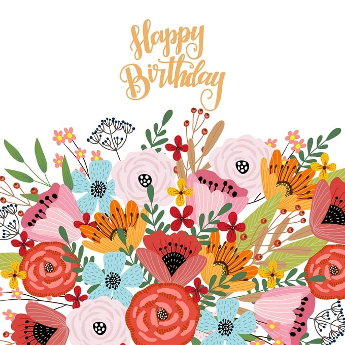 Півонії, маки та ранункулюси під золотим написом «Happy Birthday»