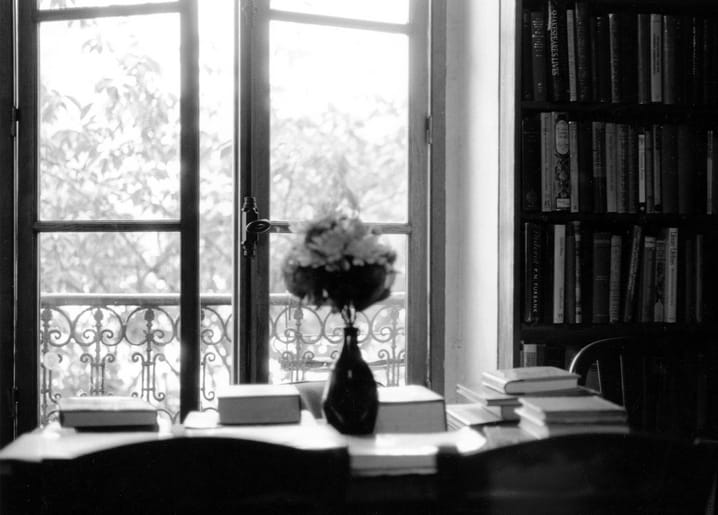 Schwarz-weißes Foto von Blumen und Büchern auf einem Schreibtisch am Fenster mit Balkon und Bücherregal
