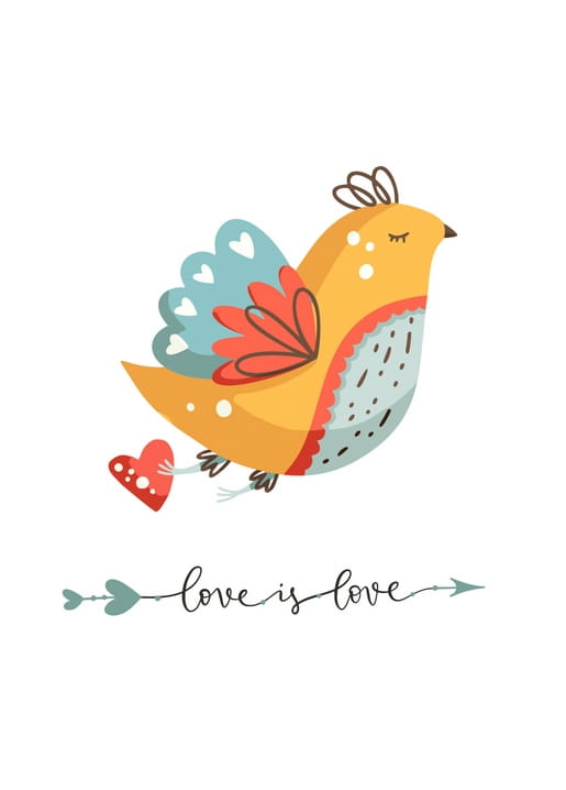 Volkskunst-Illustration eines Vogels mit rotem Herz im Schnabel und Schriftzug über die Liebe