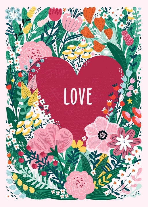Maroon heart with the word 'LOVE' framed by a folk-art wreath of pink and yellow flowers